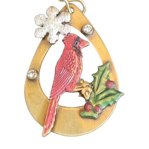 Red Cardinal Bird Christmas Winter Snowflake Holly Rhinestone Dangle Earrings - Picture 3 of 7
